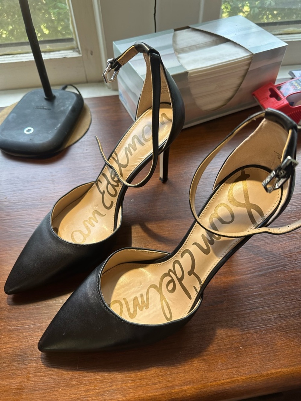 Sam Edelman Black Leather Pointed Toe Ankle-Strap Stilettos